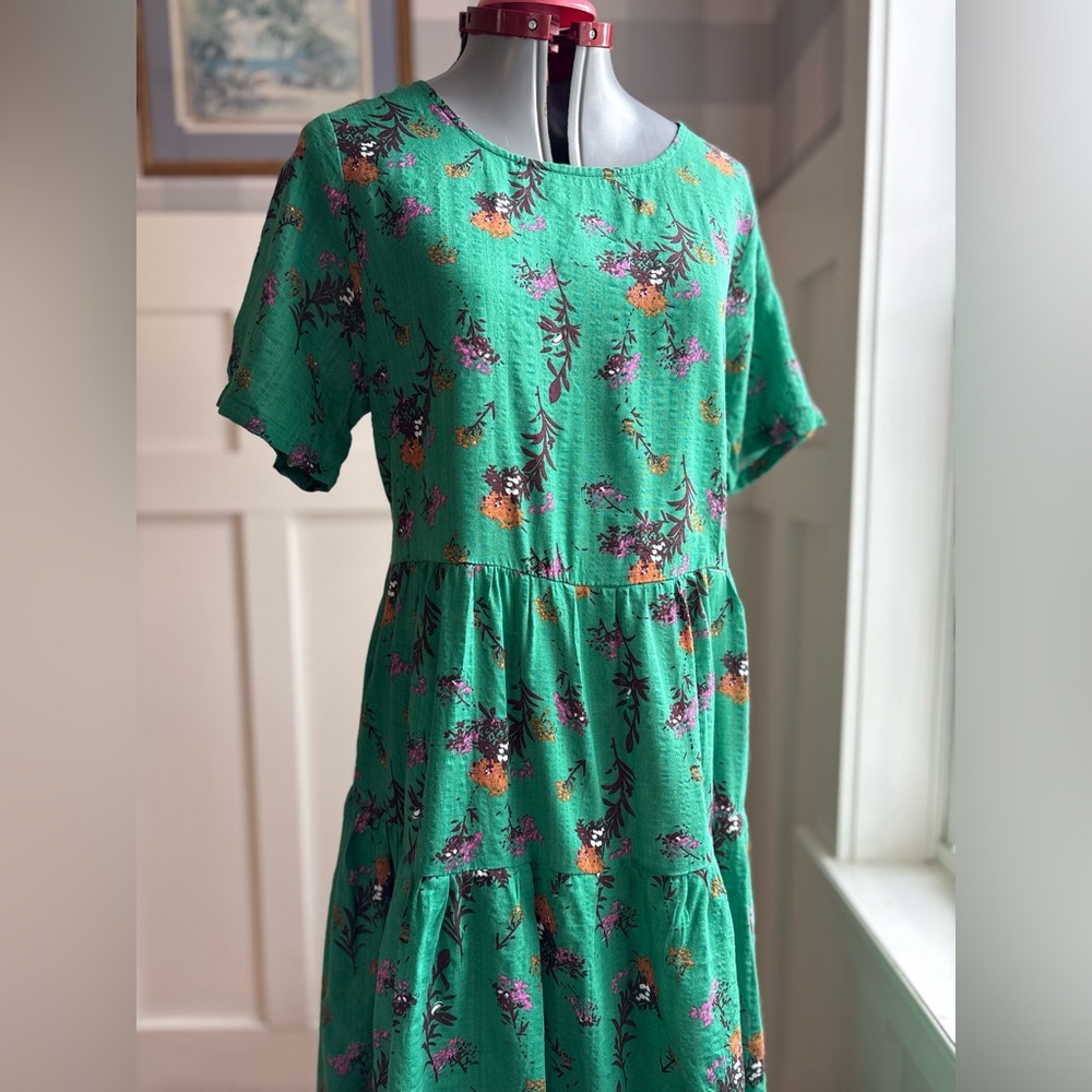 Green Summer Boho Garden Floral Tiered Maxi Dress Large